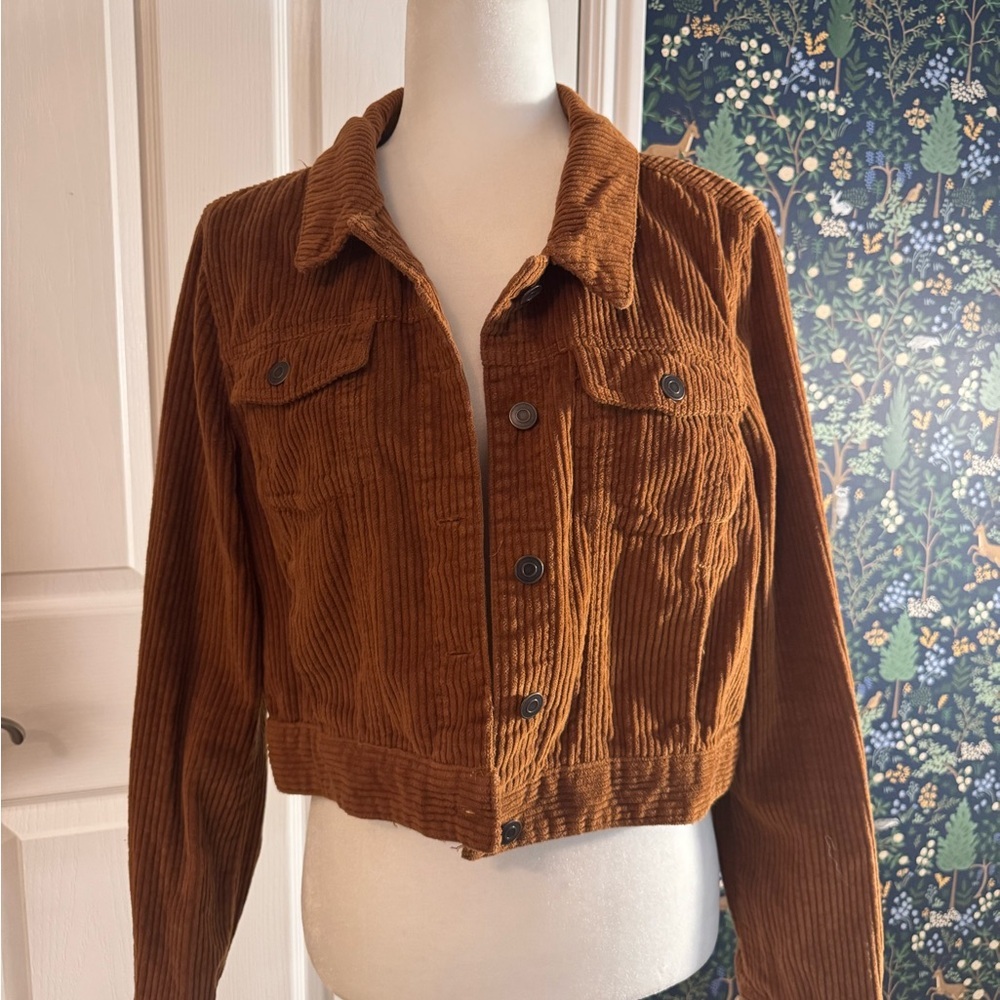 Women's Tan Corduroy Jean Jacket Fall Cropped Casual Oversized Layering​ - Picture 3 of 5